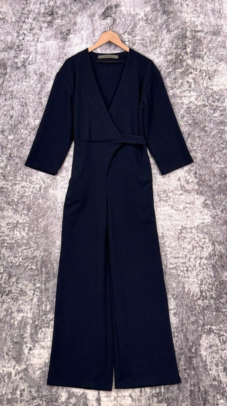 Enza Costa Jumpsuit 2 / US Medium Womens Blue Crepe Wrap Front Wide Leg
